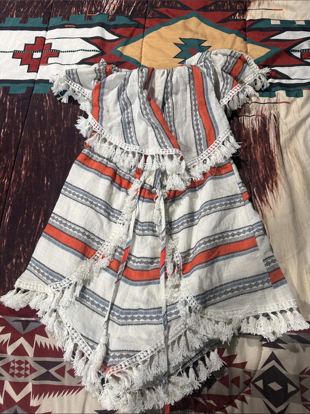 Off-Shoulder Striped Fringe romper- Cream with Orange & Gray